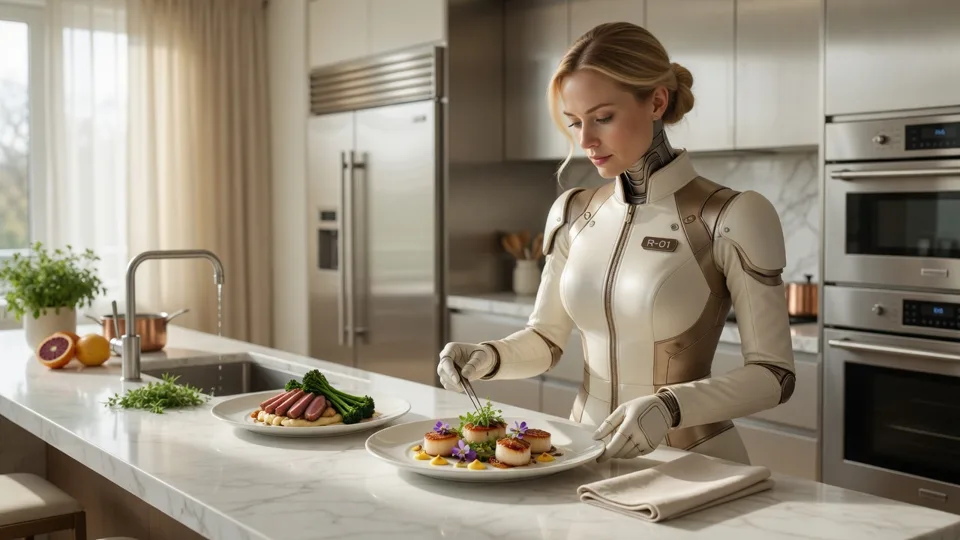 Robotrola EVA cooking in a modern kitchen