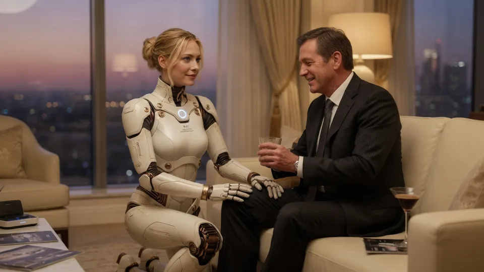 Robotrola EVA kneeling supportively by a suited businessman — non-explicit product vignette